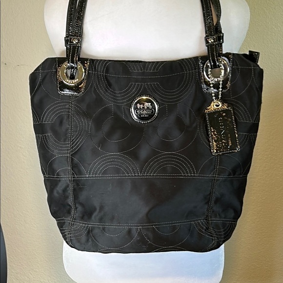COACH LEATHERWEAR BLACK NYLON WITH SILVER ACCENTS TOTE HANDBAG - Picture 1 of 16